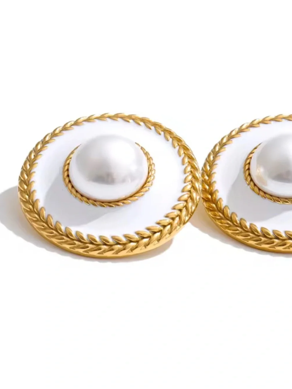 White Pearl Button Gold Earrings
